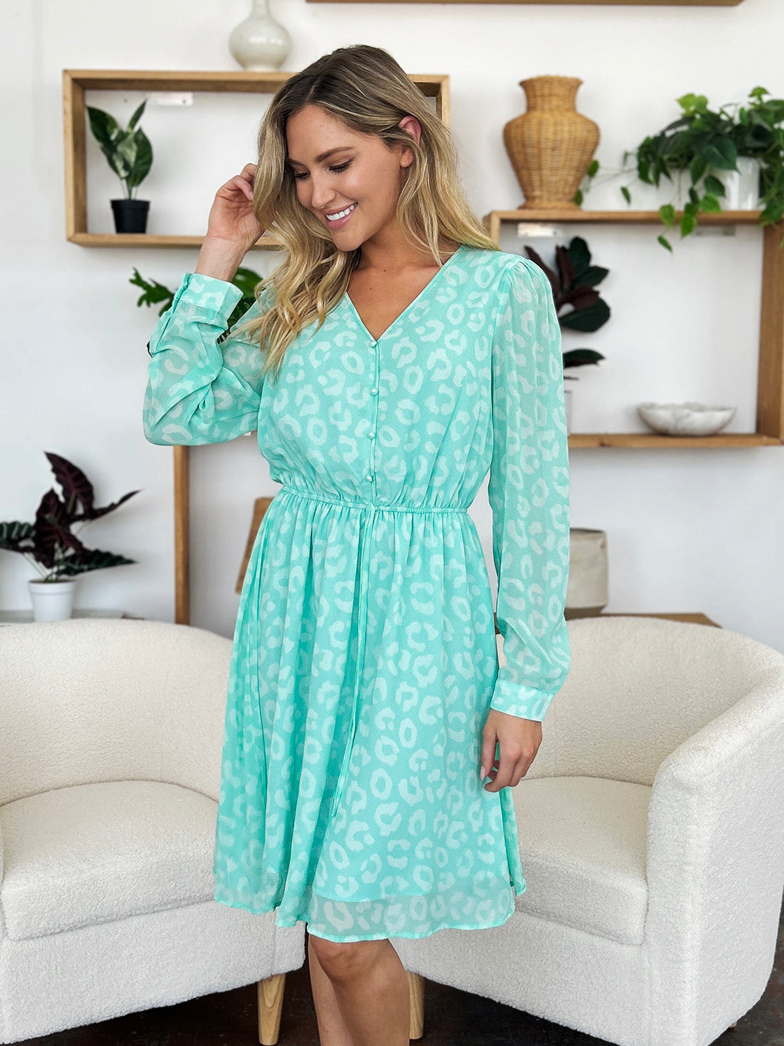 Double Take Full Size Printed Ruched V-Neck Long Sleeve Dress.