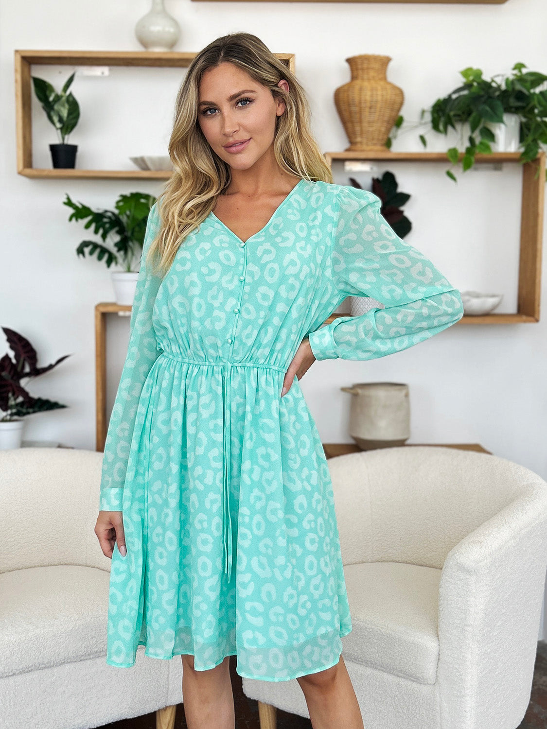 Double Take Full Size Printed Ruched V-Neck Long Sleeve Dress.