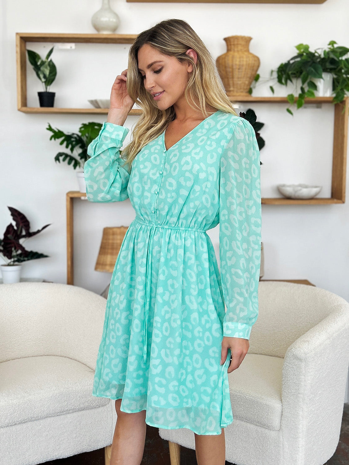 Double Take Full Size Printed Ruched V-Neck Long Sleeve Dress.