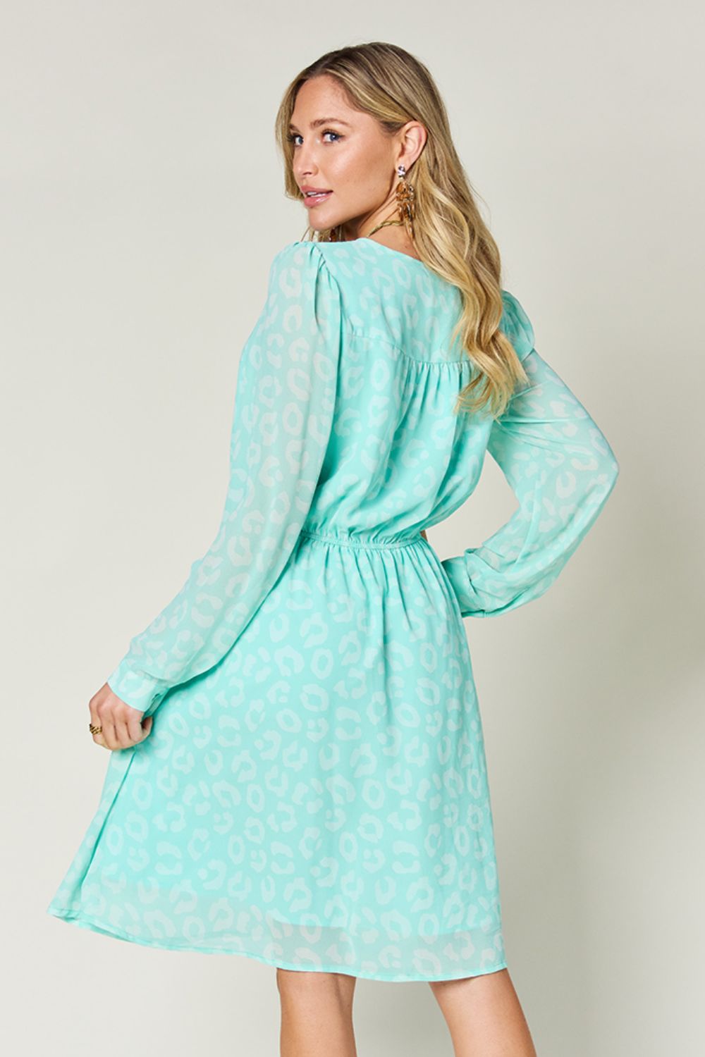 Double Take Full Size Printed Ruched V-Neck Long Sleeve Dress.