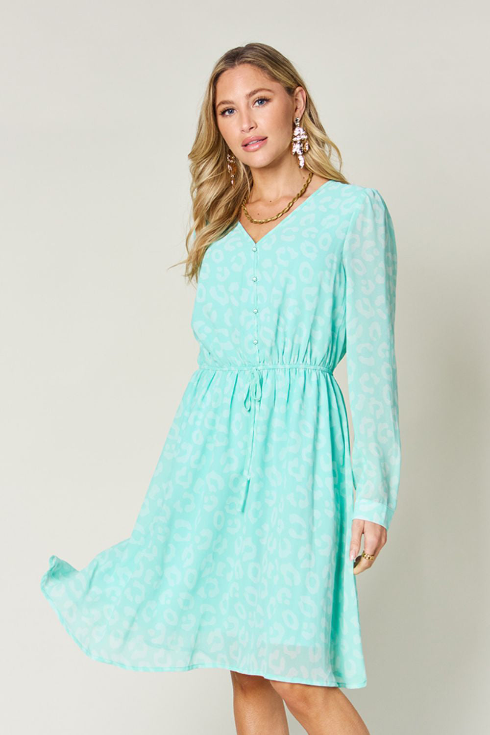 Double Take Full Size Printed Ruched V-Neck Long Sleeve Dress.