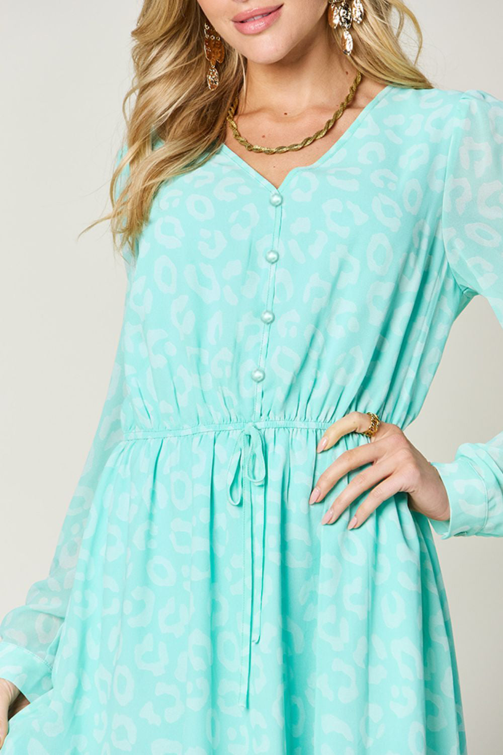 Double Take Full Size Printed Ruched V-Neck Long Sleeve Dress.