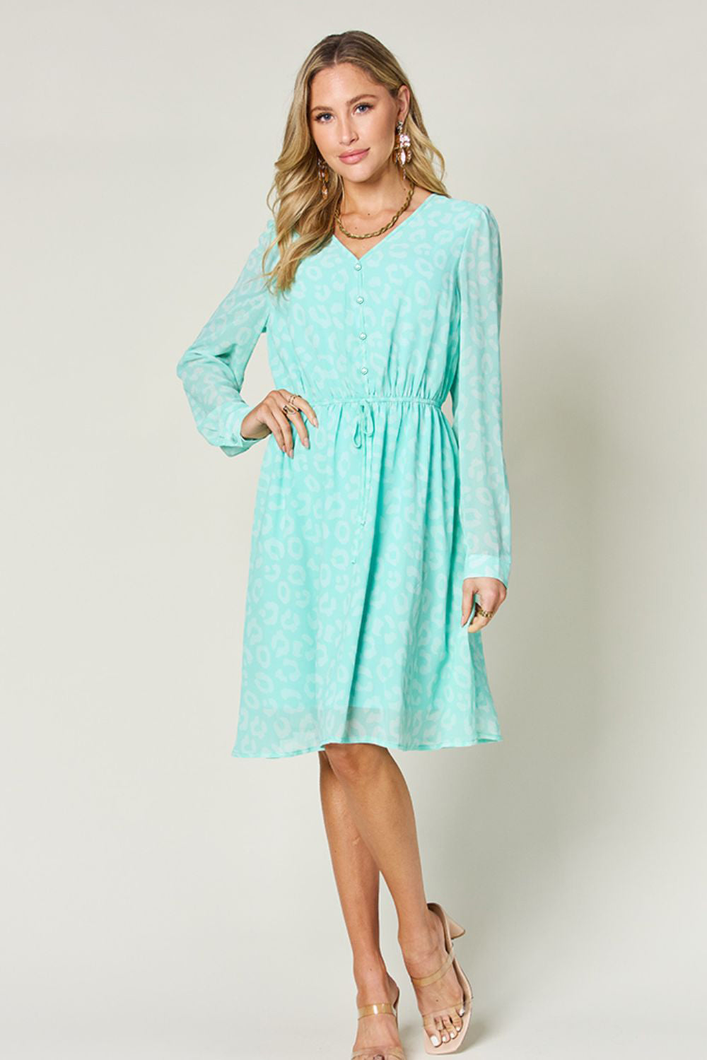 Double Take Full Size Printed Ruched V-Neck Long Sleeve Dress.