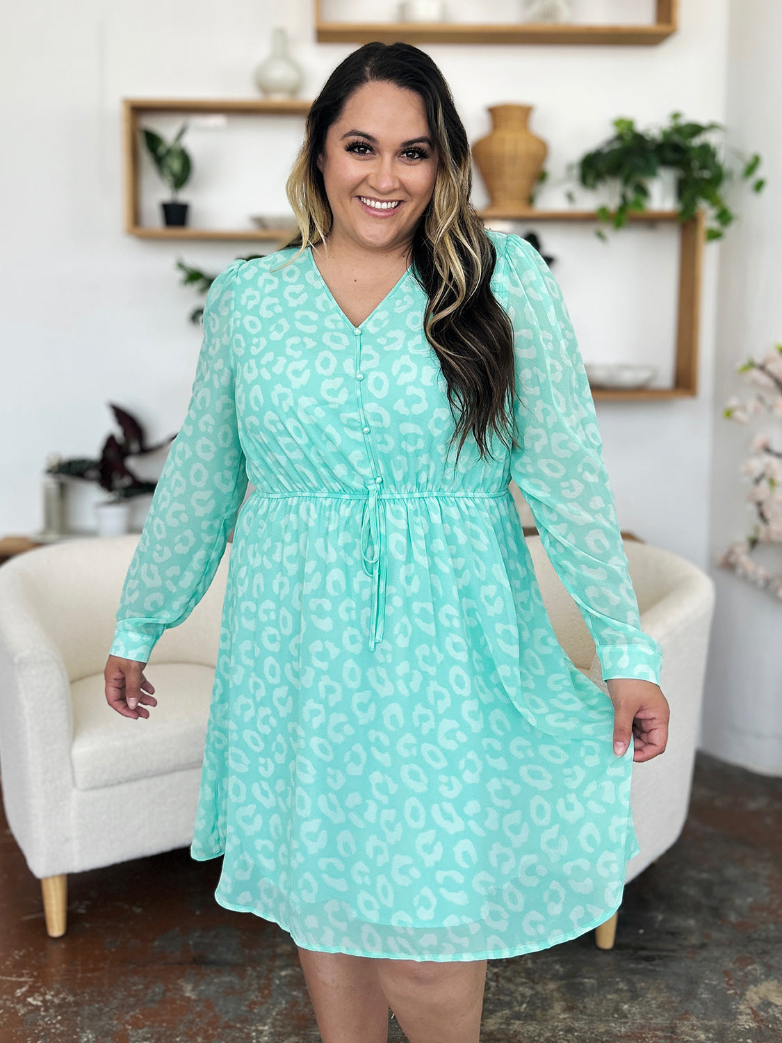 Double Take Full Size Printed Ruched V-Neck Long Sleeve Dress.