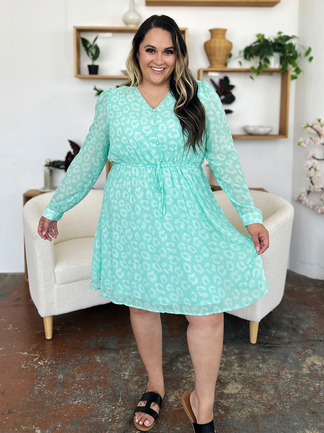 Double Take Full Size Printed Ruched V-Neck Long Sleeve Dress.