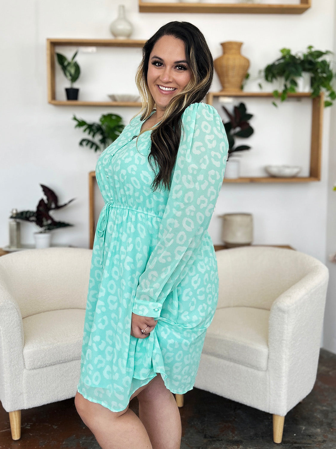 Double Take Full Size Printed Ruched V-Neck Long Sleeve Dress.