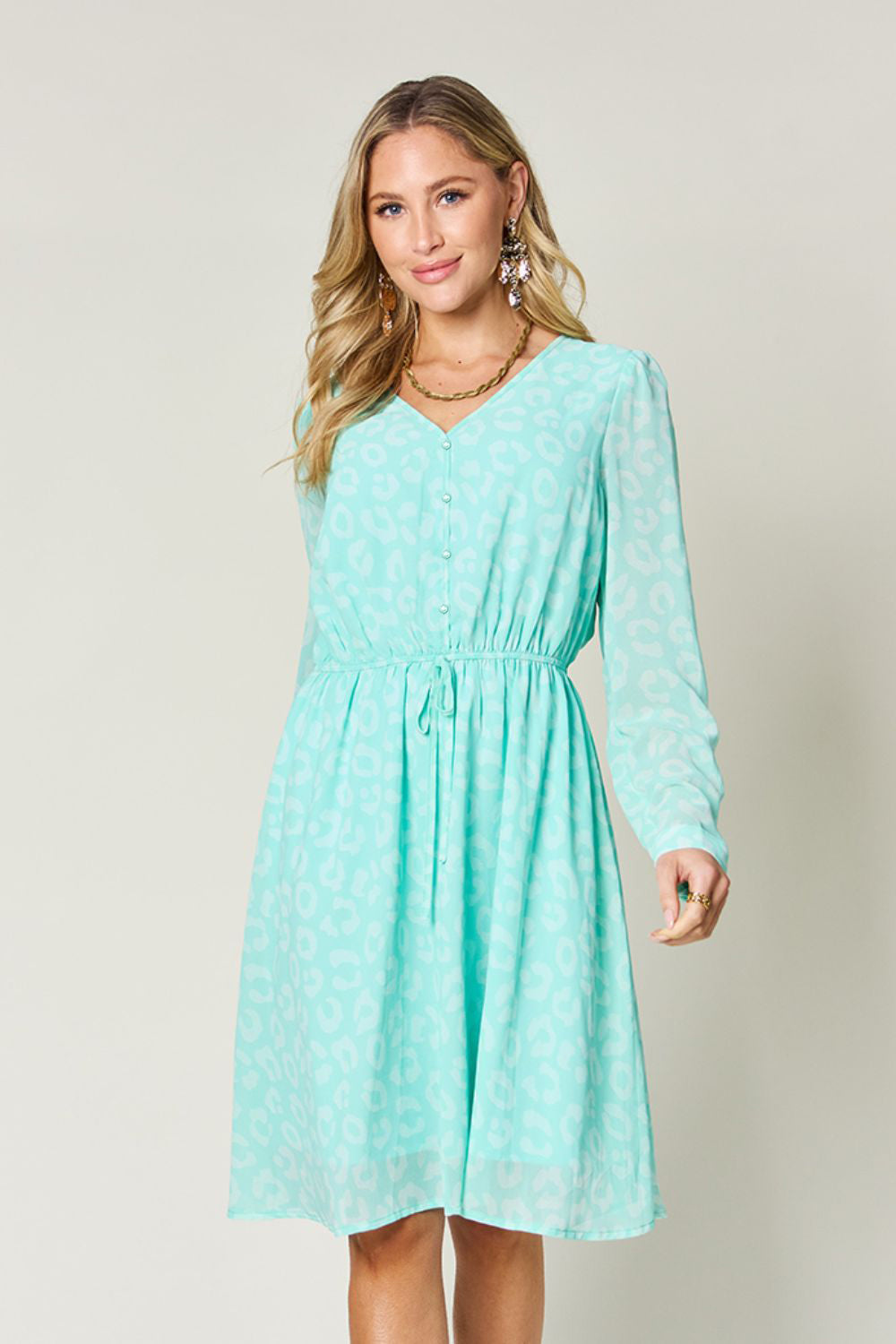 Double Take Full Size Printed Ruched V-Neck Long Sleeve Dress.