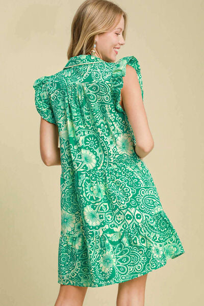 Umgee Full Size Printed Ruffle Cap Sleeve Babydoll Dress Plus Size.