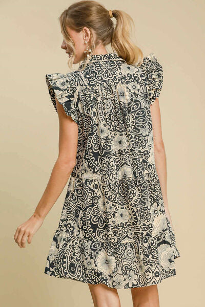 Umgee Full Size Printed Ruffle Cap Sleeve Babydoll Dress Plus Size.