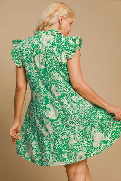 Umgee Full Size Printed Ruffle Cap Sleeve Babydoll Dress Plus Size.