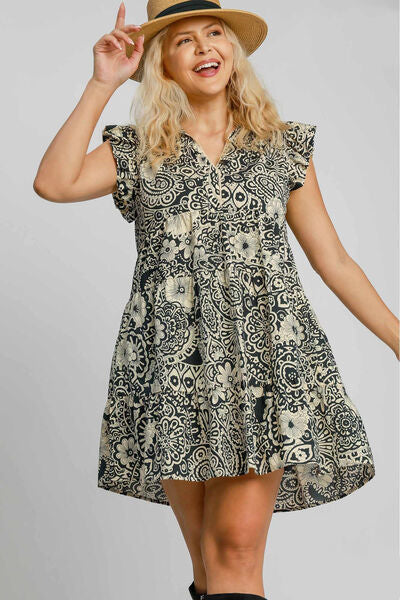Umgee Full Size Printed Ruffle Cap Sleeve Babydoll Dress Plus Size.