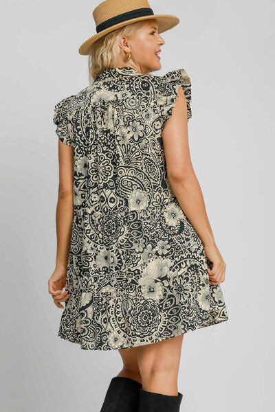 Umgee Full Size Printed Ruffle Cap Sleeve Babydoll Dress Plus Size.
