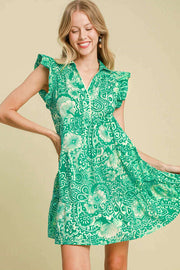 Umgee Full Size Printed Ruffle Cap Sleeve Babydoll Dress Plus Size.