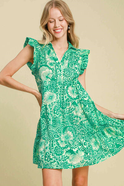 Umgee Full Size Printed Ruffle Cap Sleeve Babydoll Dress Plus Size.