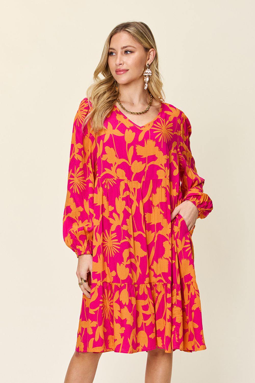 Double Take Full Size Printed Ruffle Hem Dress with Pocket.