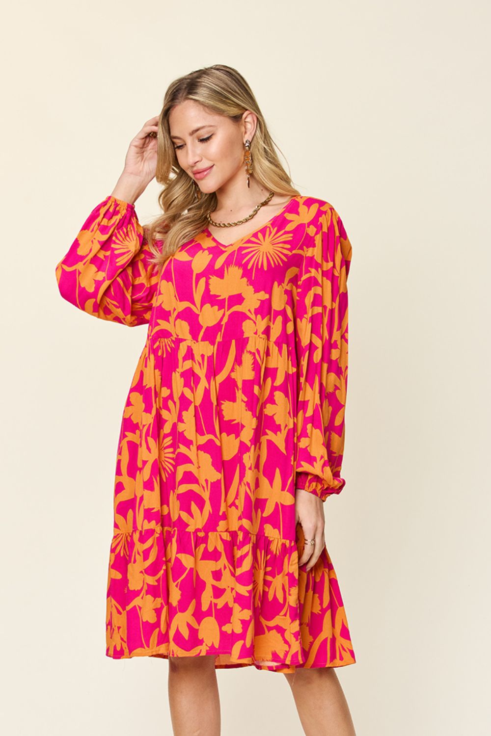 Double Take Full Size Printed Ruffle Hem Dress with Pocket.
