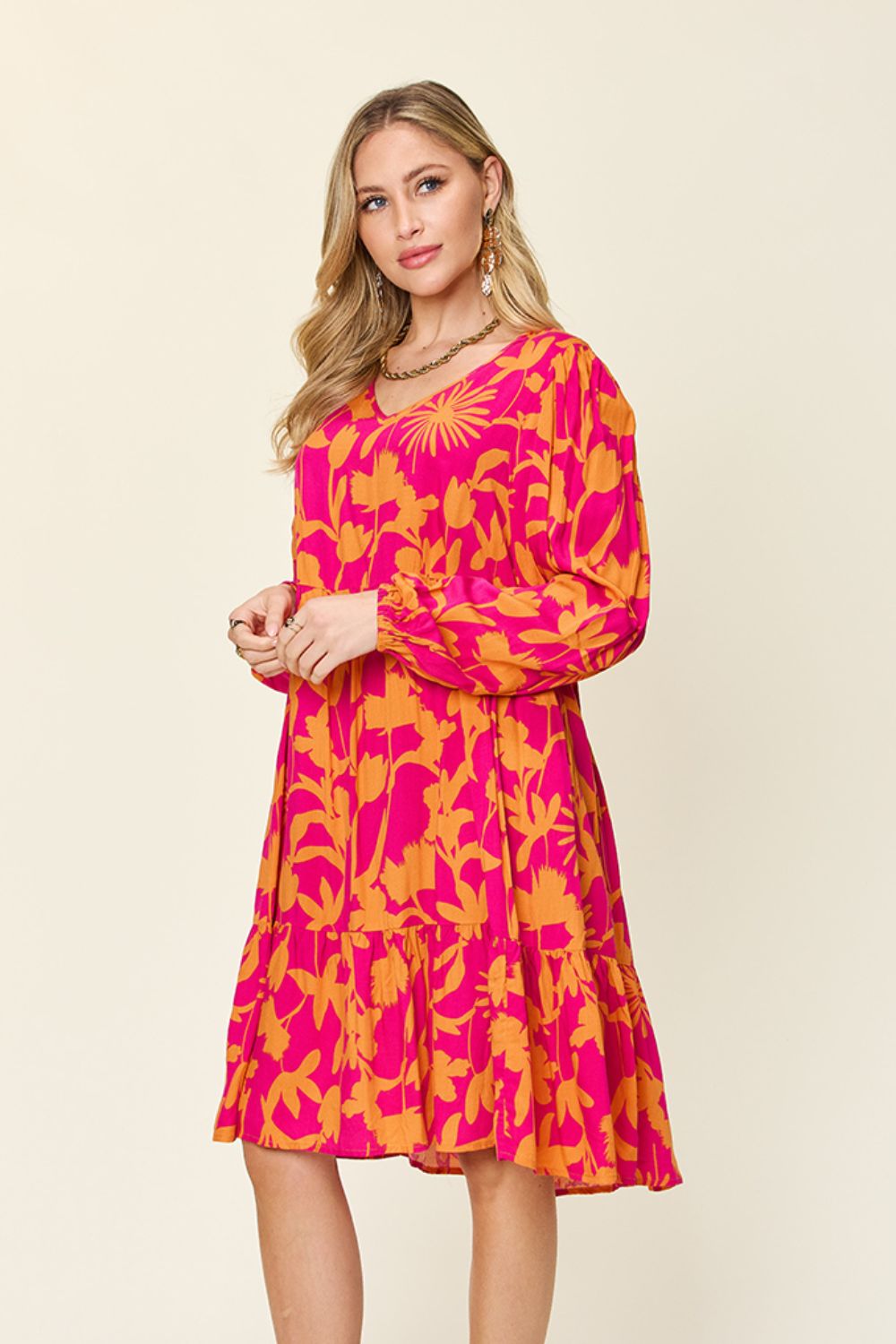 Double Take Full Size Printed Ruffle Hem Dress with Pocket.