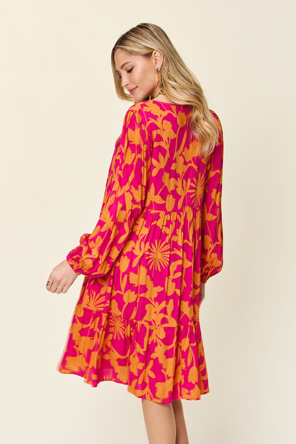 Double Take Full Size Printed Ruffle Hem Dress with Pocket.