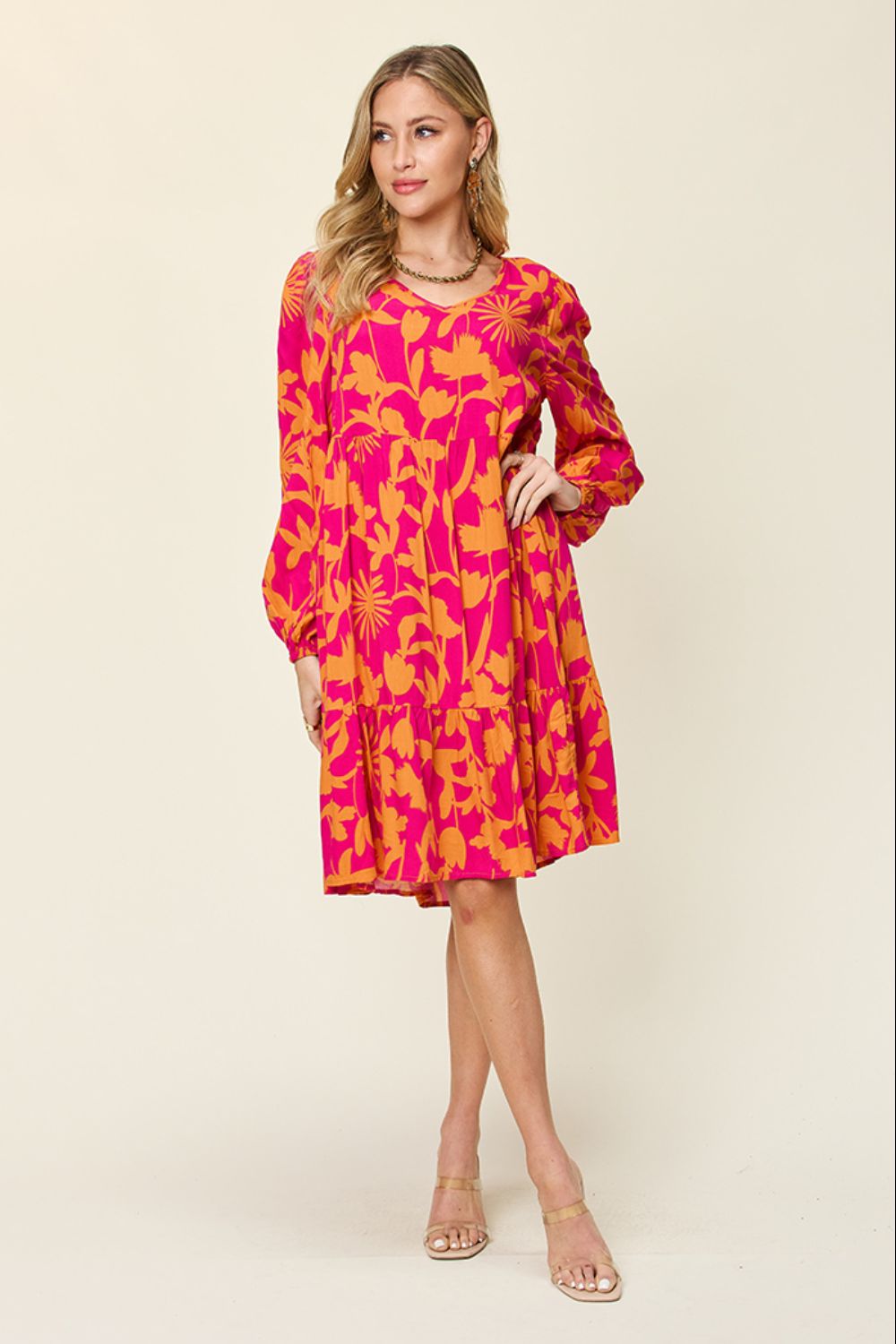 Double Take Full Size Printed Ruffle Hem Dress with Pocket.