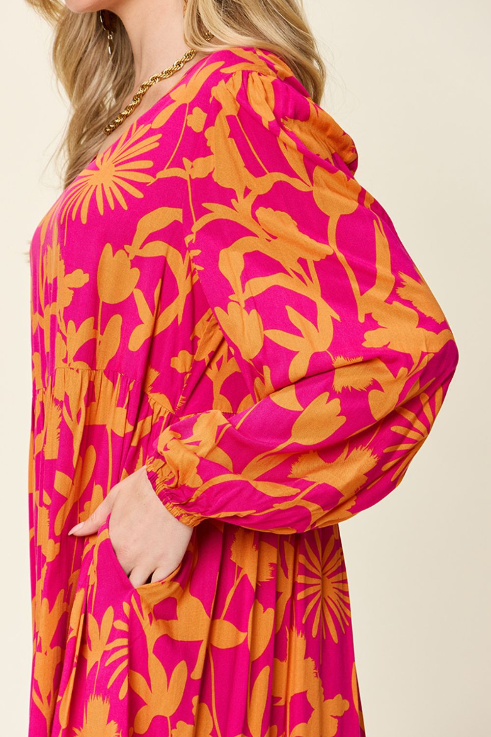 Double Take Full Size Printed Ruffle Hem Dress with Pocket.