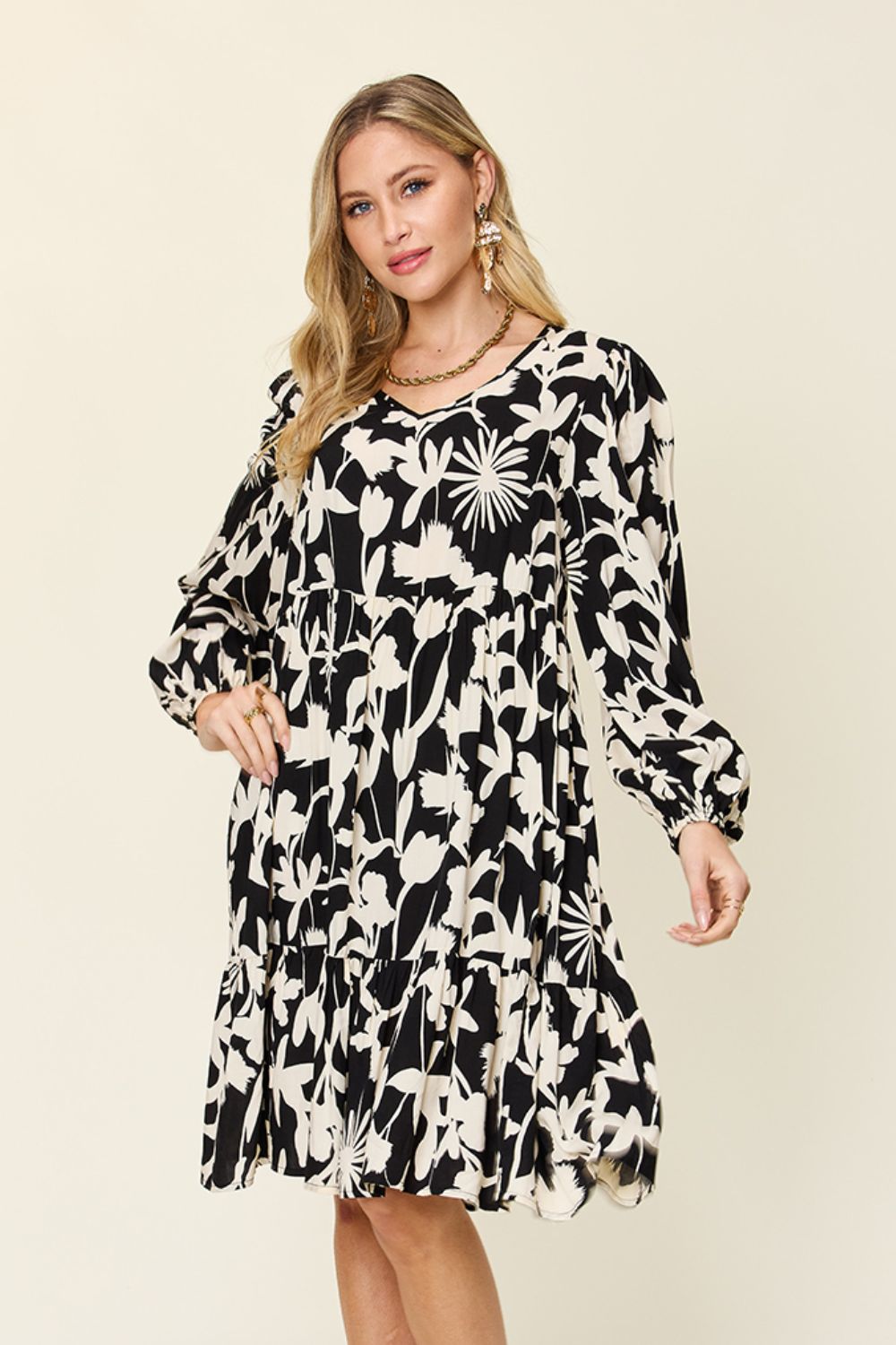 Double Take Full Size Printed Ruffle Hem Dress with Pocket.