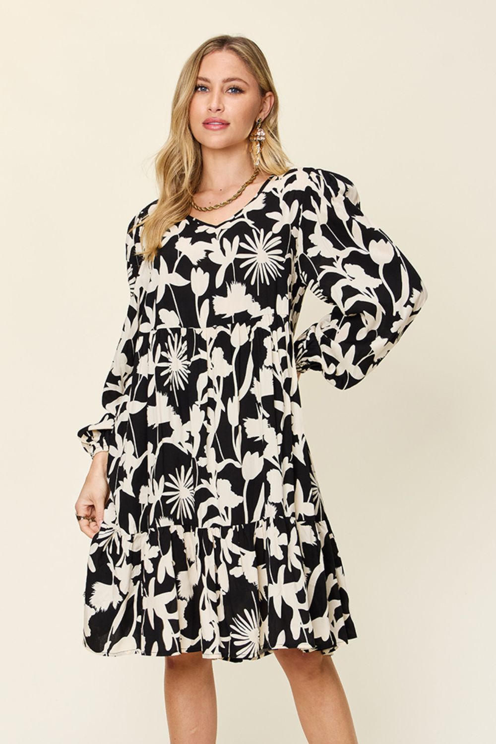 Double Take Full Size Printed Ruffle Hem Dress with Pocket.
