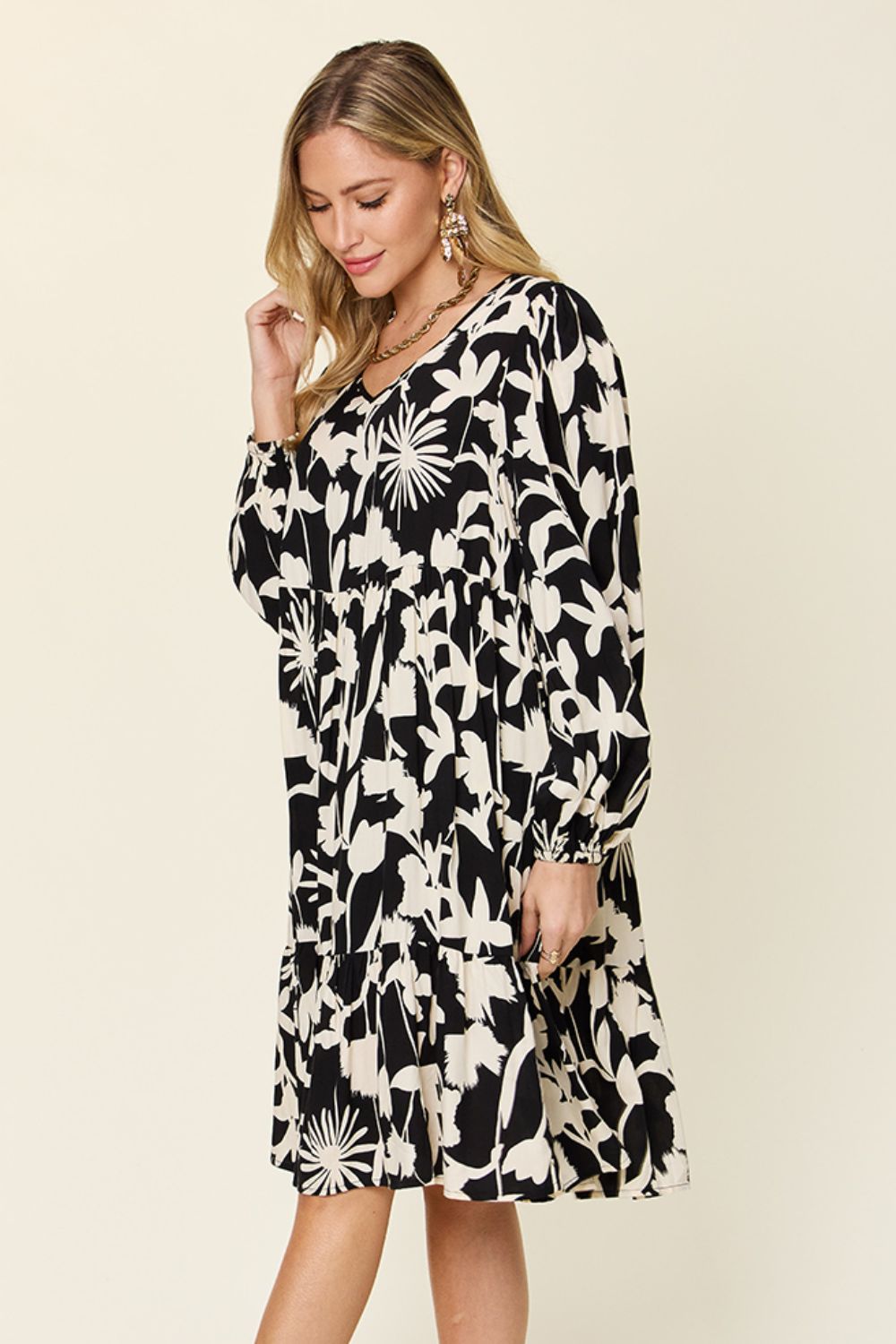 Double Take Full Size Printed Ruffle Hem Dress with Pocket.