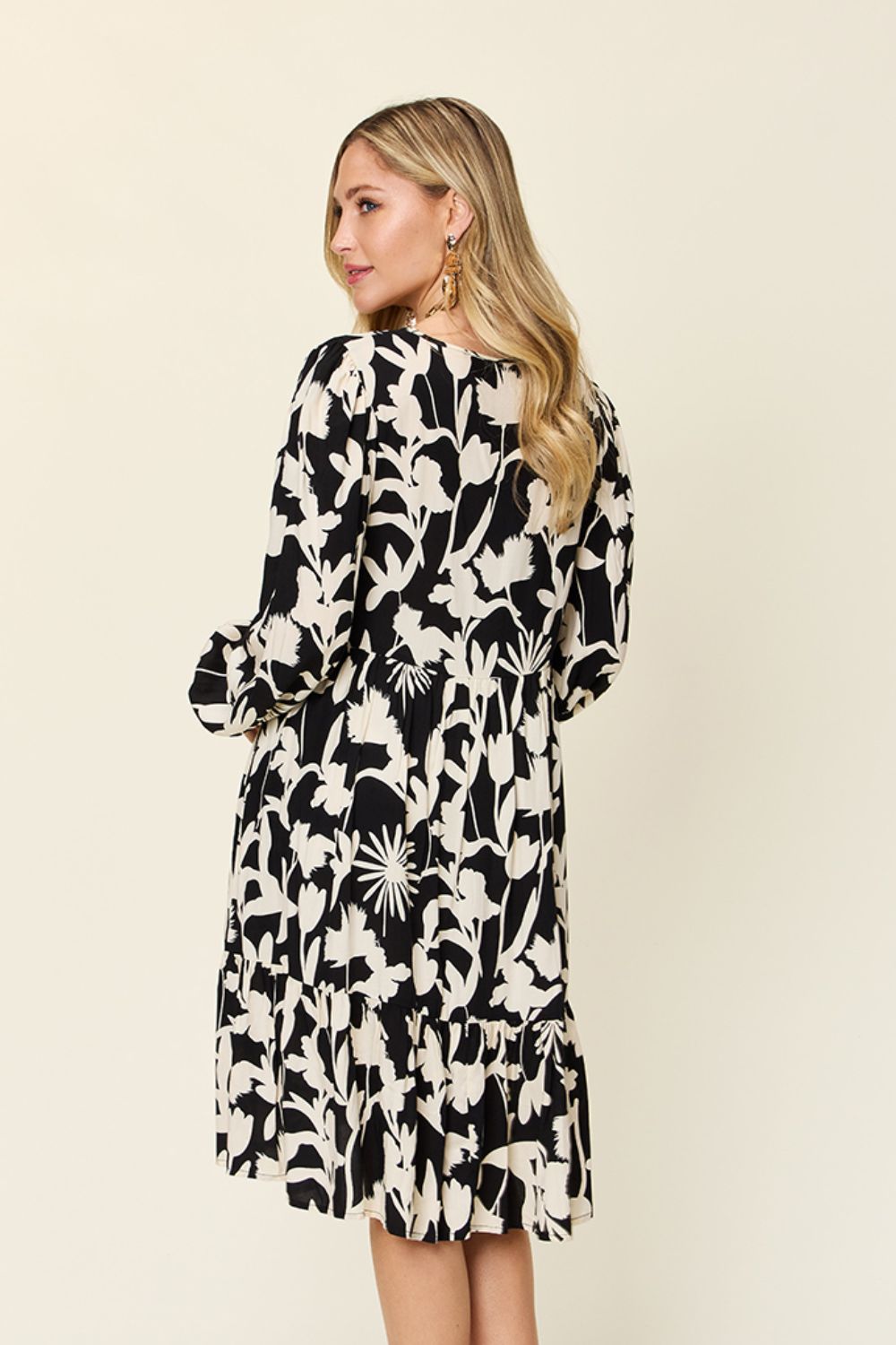 Double Take Full Size Printed Ruffle Hem Dress with Pocket.
