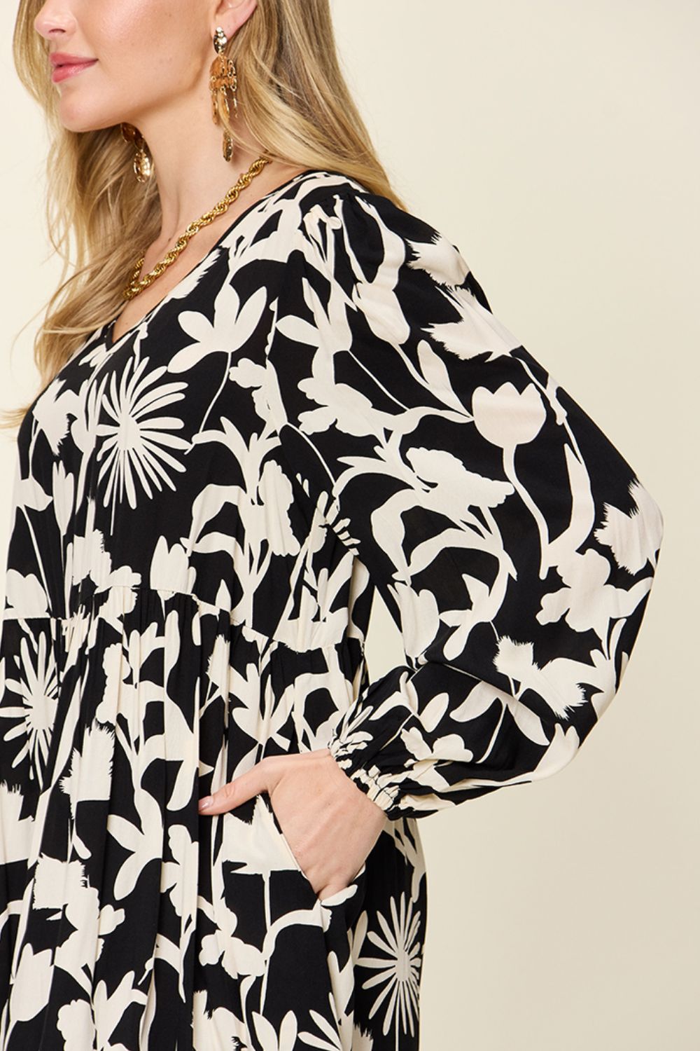 Double Take Full Size Printed Ruffle Hem Dress with Pocket.