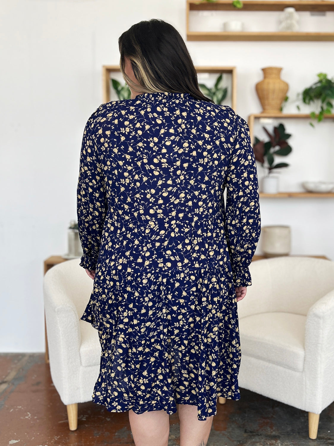 Double Take Full Size Printed Ruffle Hem Long Sleeve Tiered Dress.