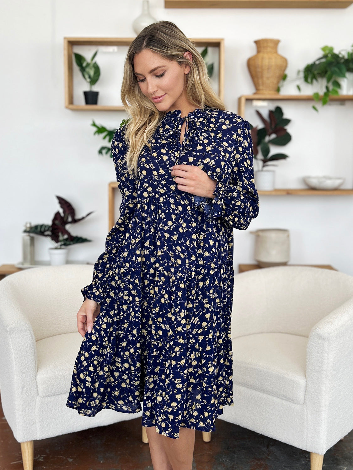 Double Take Full Size Printed Ruffle Hem Long Sleeve Tiered Dress.