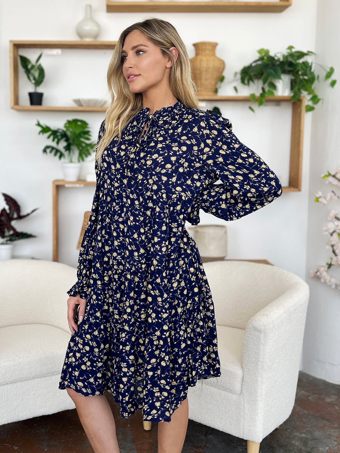 Double Take Full Size Printed Ruffle Hem Long Sleeve Tiered Dress.