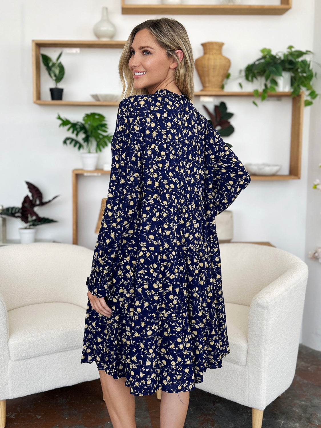 Double Take Full Size Printed Ruffle Hem Long Sleeve Tiered Dress.
