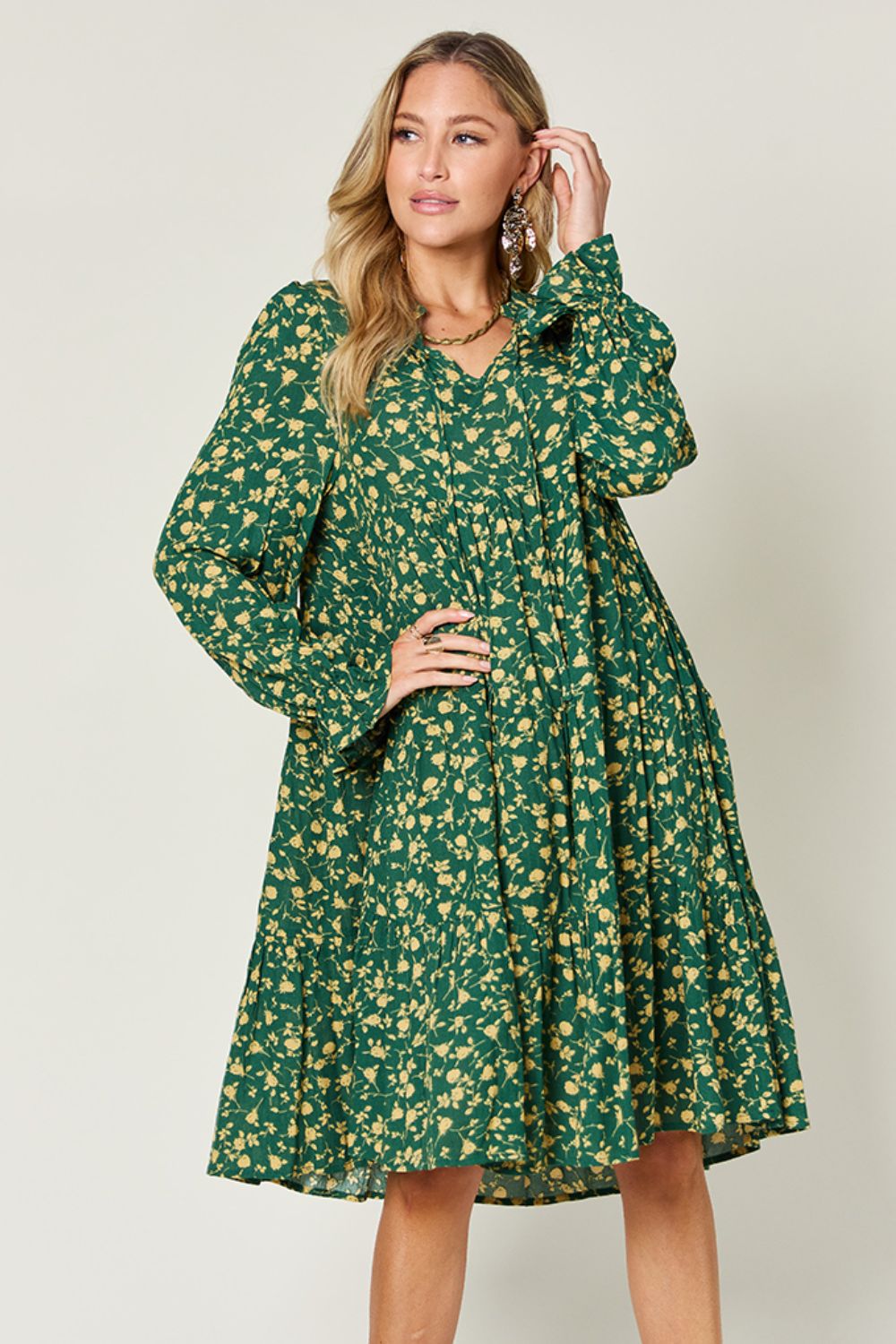 Double Take Full Size Printed Ruffle Hem Long Sleeve Tiered Dress.