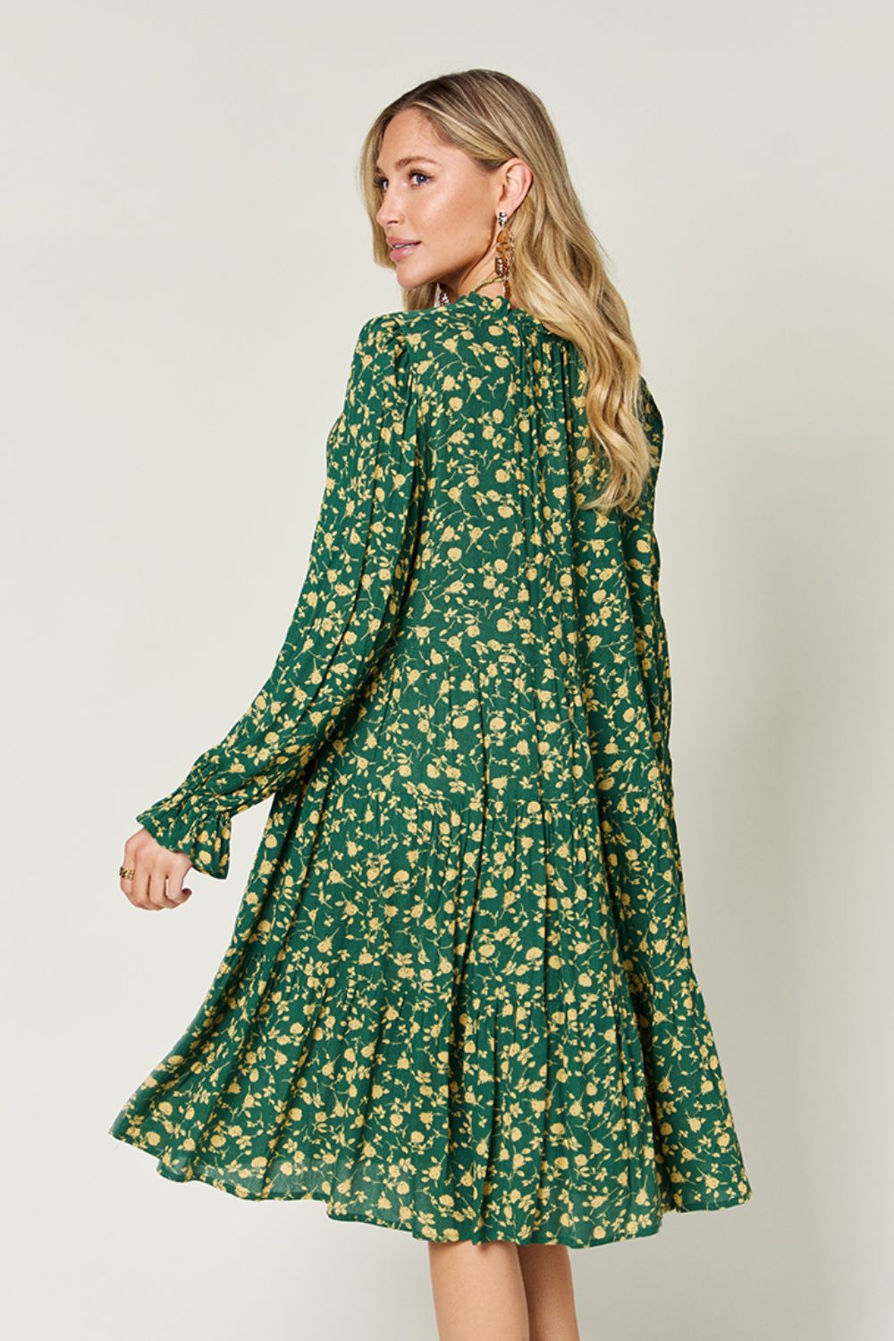 Double Take Full Size Printed Ruffle Hem Long Sleeve Tiered Dress.