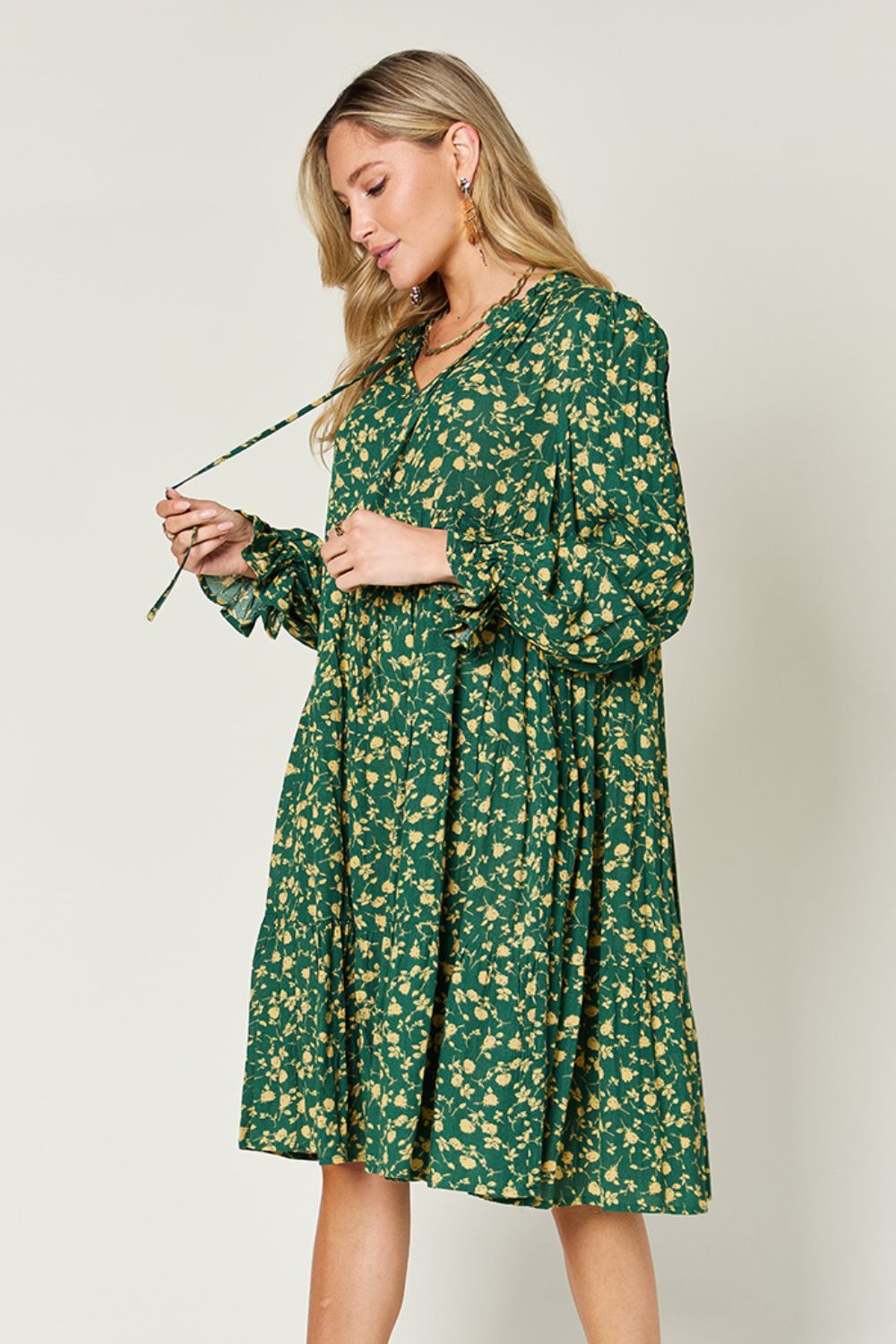 Double Take Full Size Printed Ruffle Hem Long Sleeve Tiered Dress.