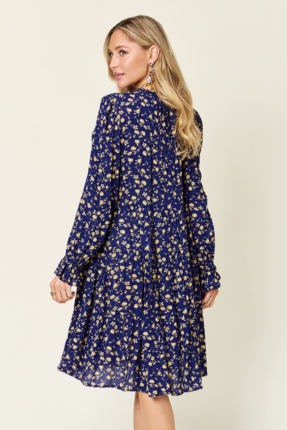 Double Take Full Size Printed Ruffle Hem Long Sleeve Tiered Dress.
