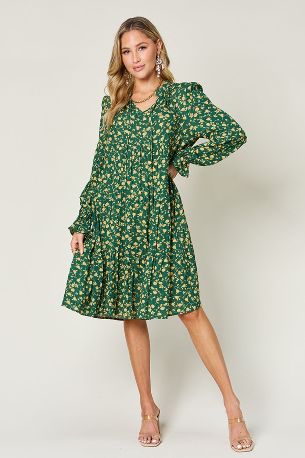 Double Take Full Size Printed Ruffle Hem Long Sleeve Tiered Dress.
