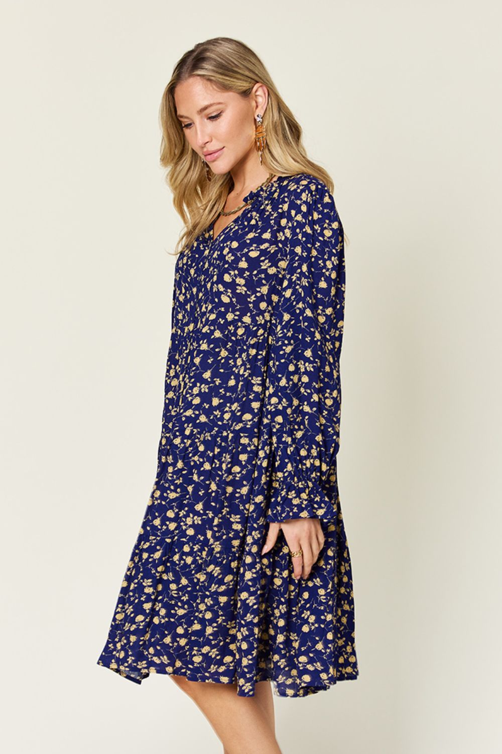 Double Take Full Size Printed Ruffle Hem Long Sleeve Tiered Dress.