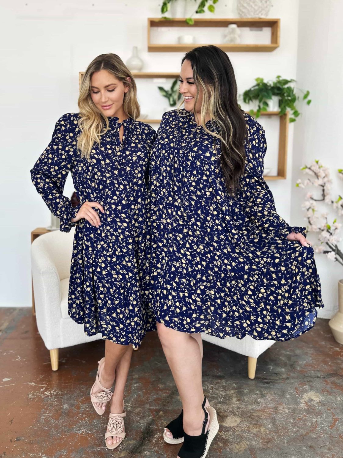Double Take Full Size Printed Ruffle Hem Long Sleeve Tiered Dress.