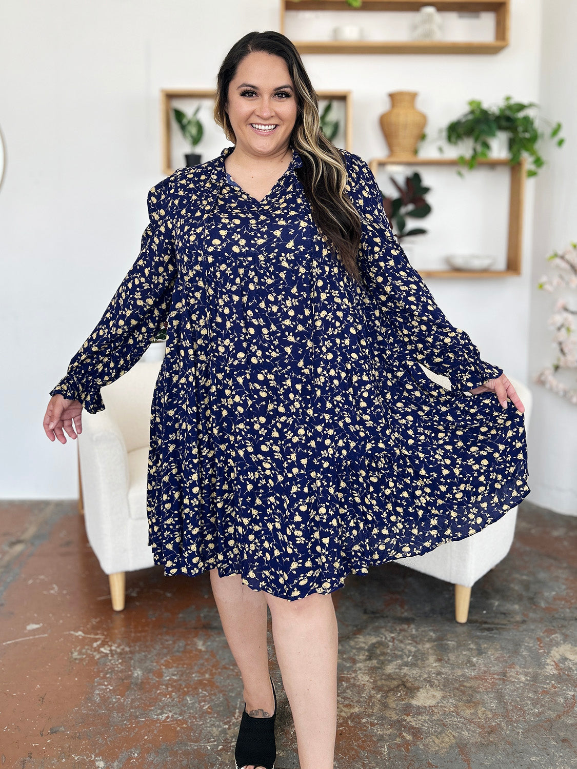 Double Take Full Size Printed Ruffle Hem Long Sleeve Tiered Dress.
