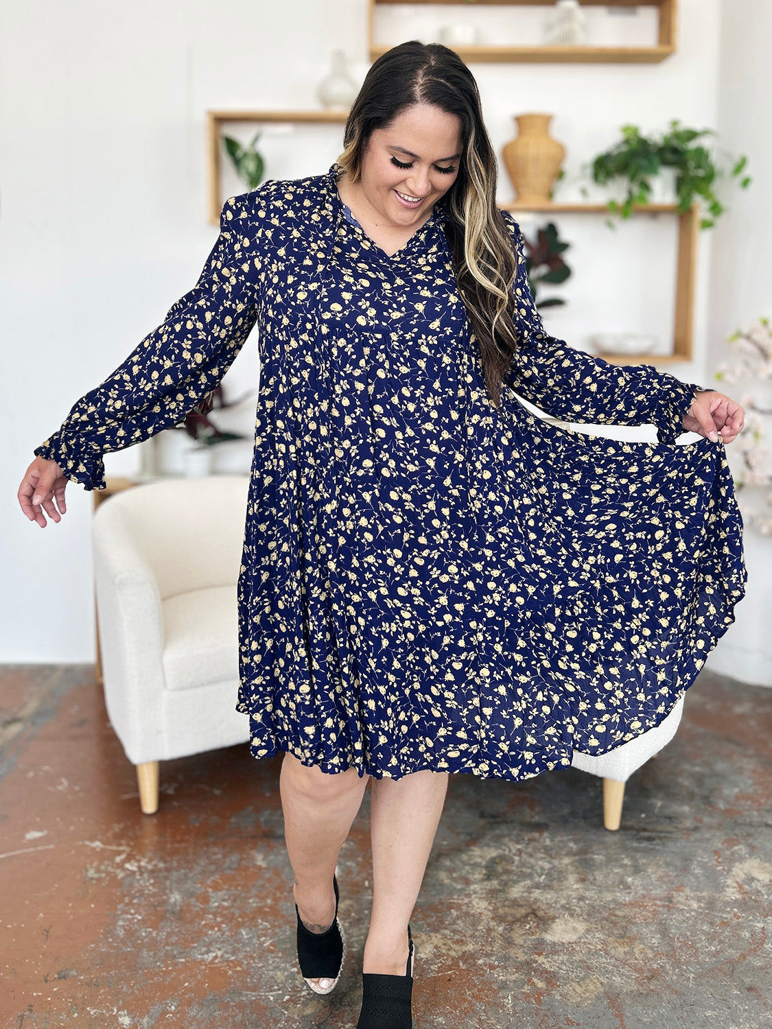 Double Take Full Size Printed Ruffle Hem Long Sleeve Tiered Dress.