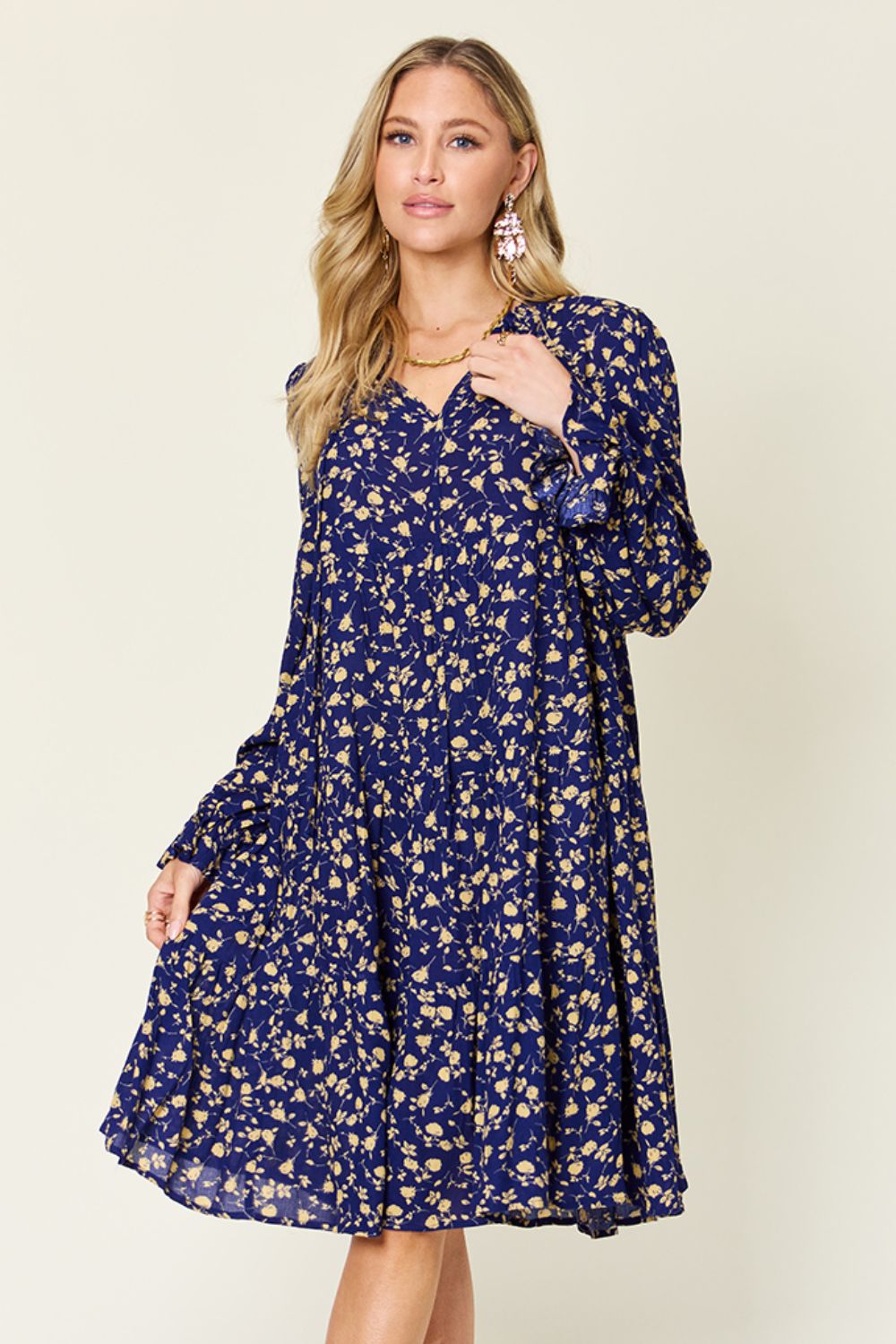 Double Take Full Size Printed Ruffle Hem Long Sleeve Tiered Dress.