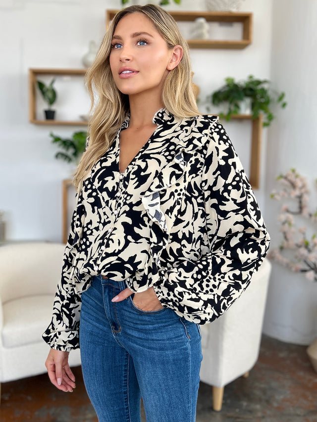 Double Take Full Size Printed Ruffle Trim Balloon Sleeve Shirt.