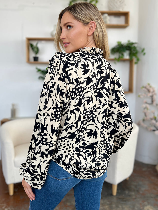 Double Take Full Size Printed Ruffle Trim Balloon Sleeve Shirt.