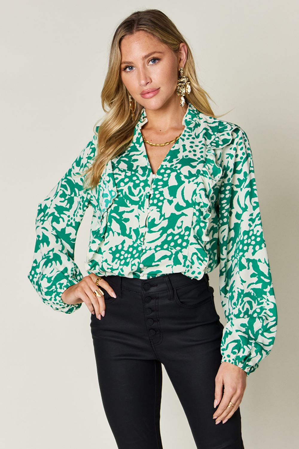 Double Take Full Size Printed Ruffle Trim Balloon Sleeve Shirt.