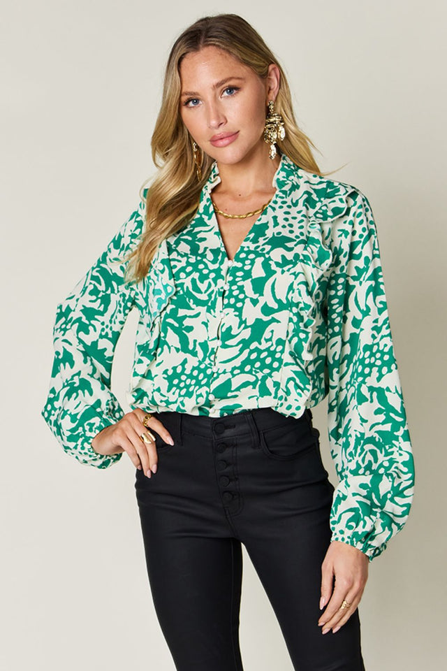 Double Take Full Size Printed Ruffle Trim Balloon Sleeve Shirt.