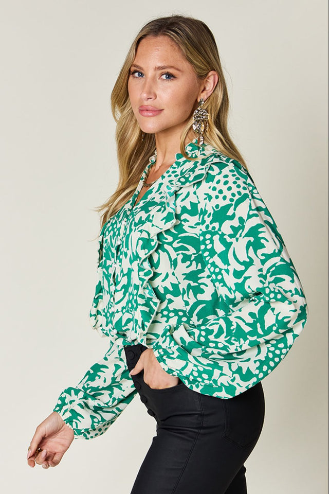 Double Take Full Size Printed Ruffle Trim Balloon Sleeve Shirt.