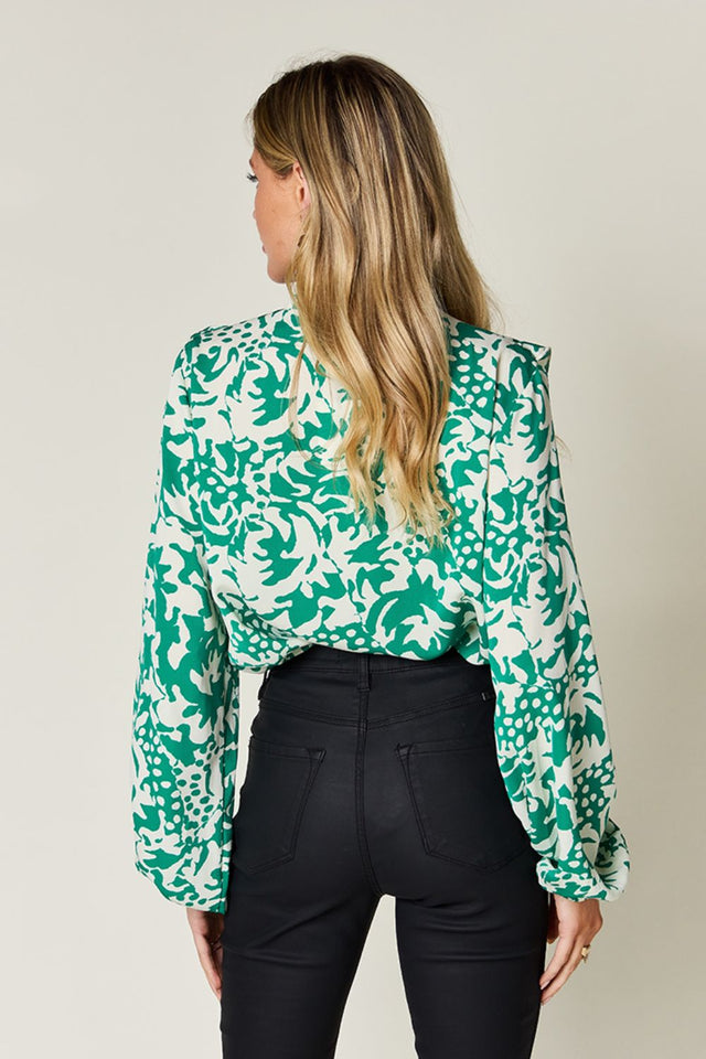 Double Take Full Size Printed Ruffle Trim Balloon Sleeve Shirt.