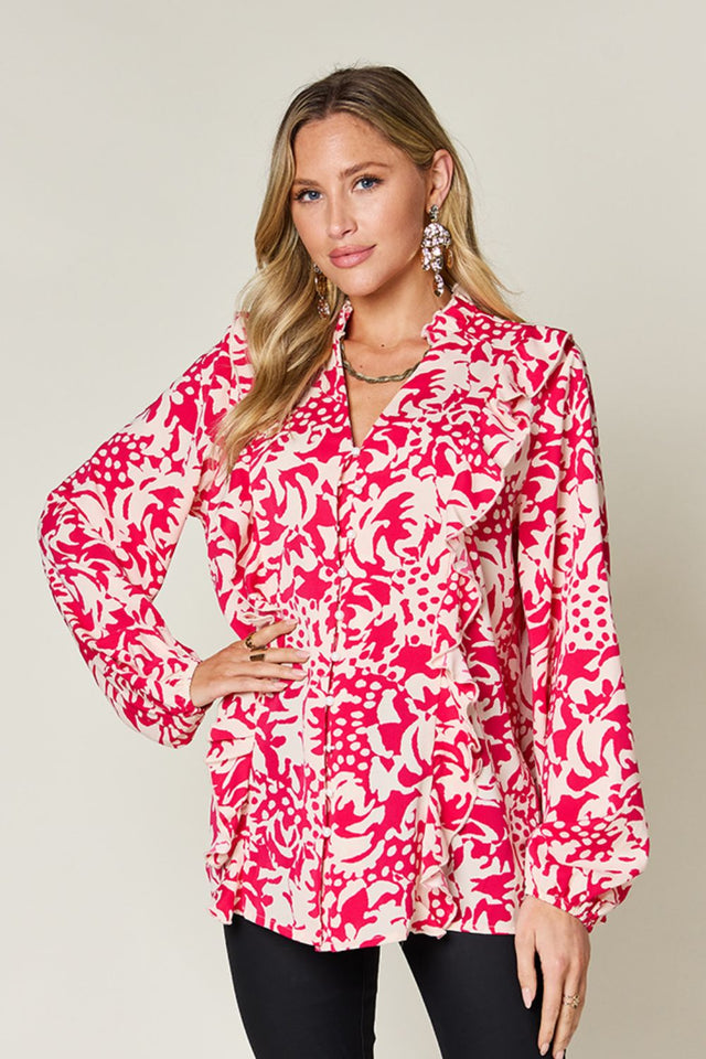 Double Take Full Size Printed Ruffle Trim Balloon Sleeve Shirt.